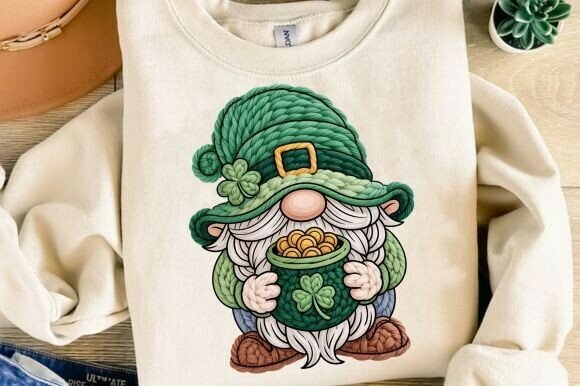 Strategic Branding with St Patrick Gnome PNG, Faux Embroidery for Print-on-Demand Success